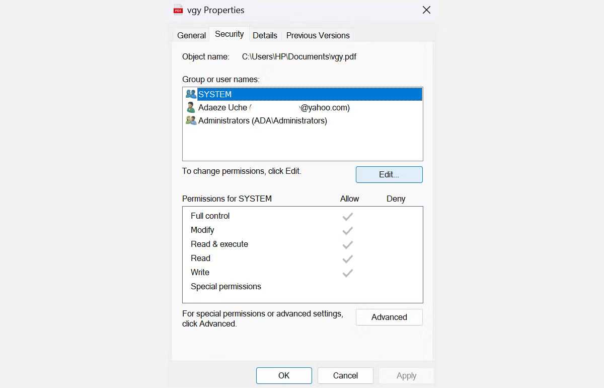 Sua Loi Access Denied Khi Truy Cap File Folder Tren Windows Features 01 Tab Security Trong Thuộc Tính File Trên Windows 11