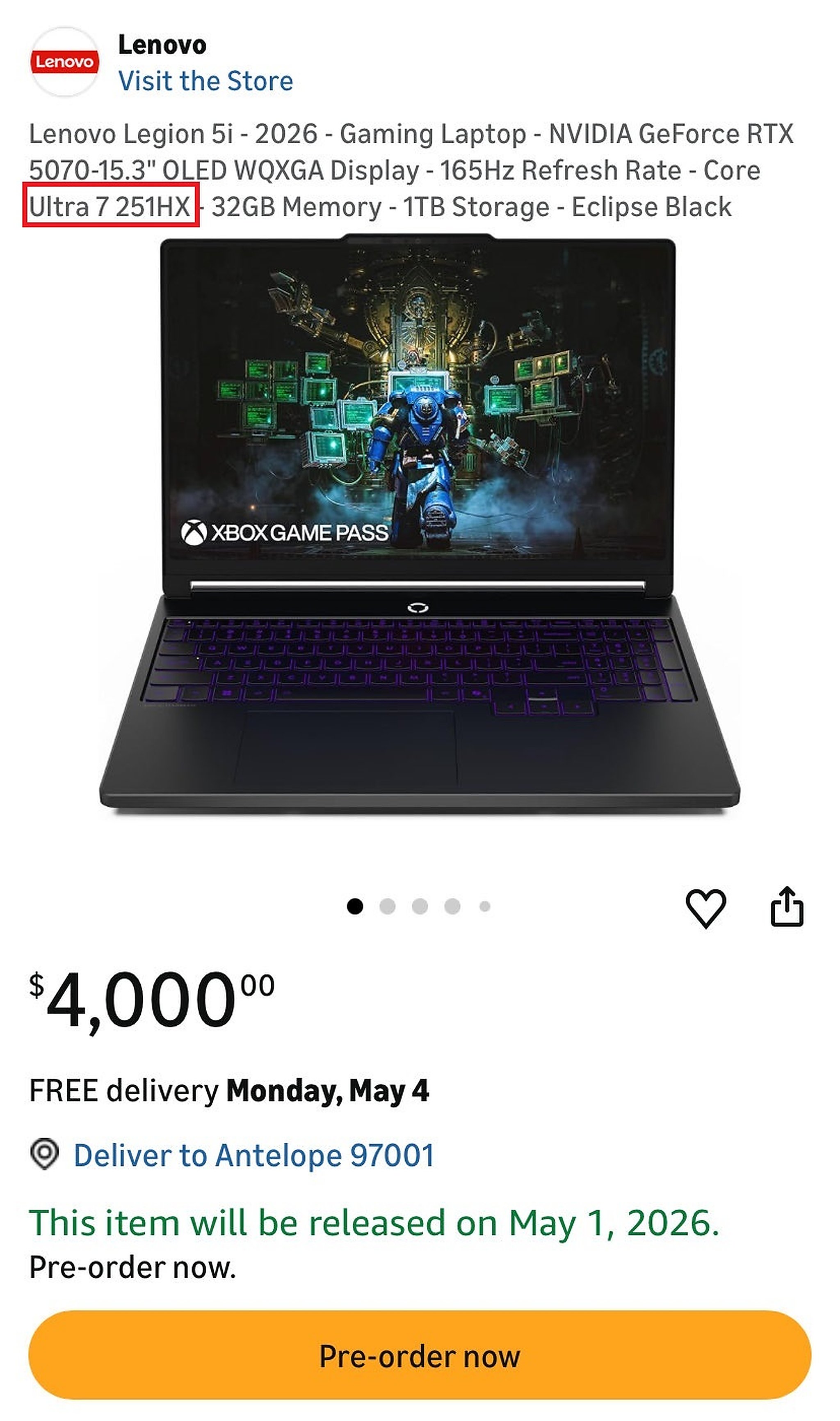 Intel Core Ultra 7 251Hx Lenovo Legion 5I 2026 1 Intel Core Ultra 7 251Hx Trên Listing Lenovo Legion 5I 2026