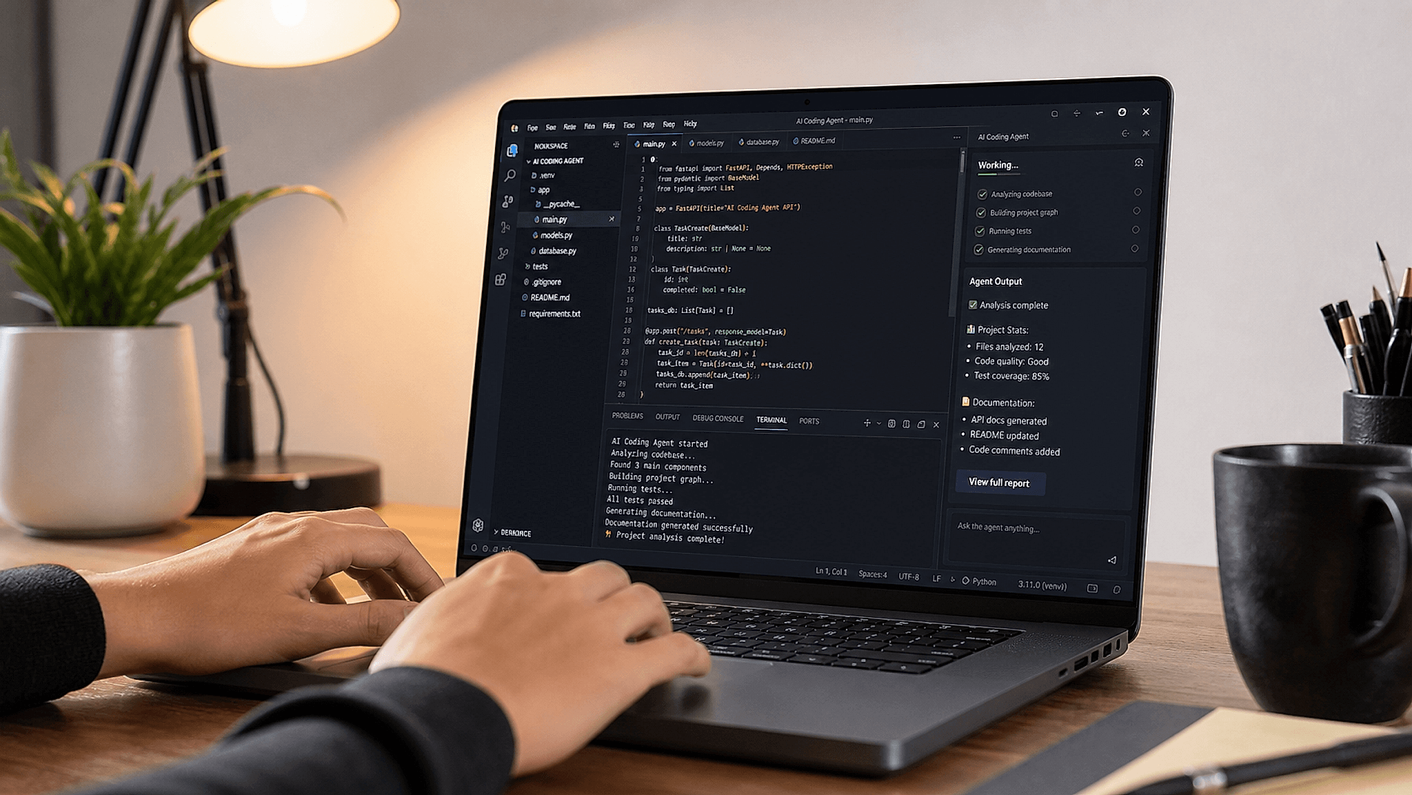 Claude Sonnet 5 Laptop Laptop On A Desk Displaying A Code Editor And A Terminal Running An Ai Agent