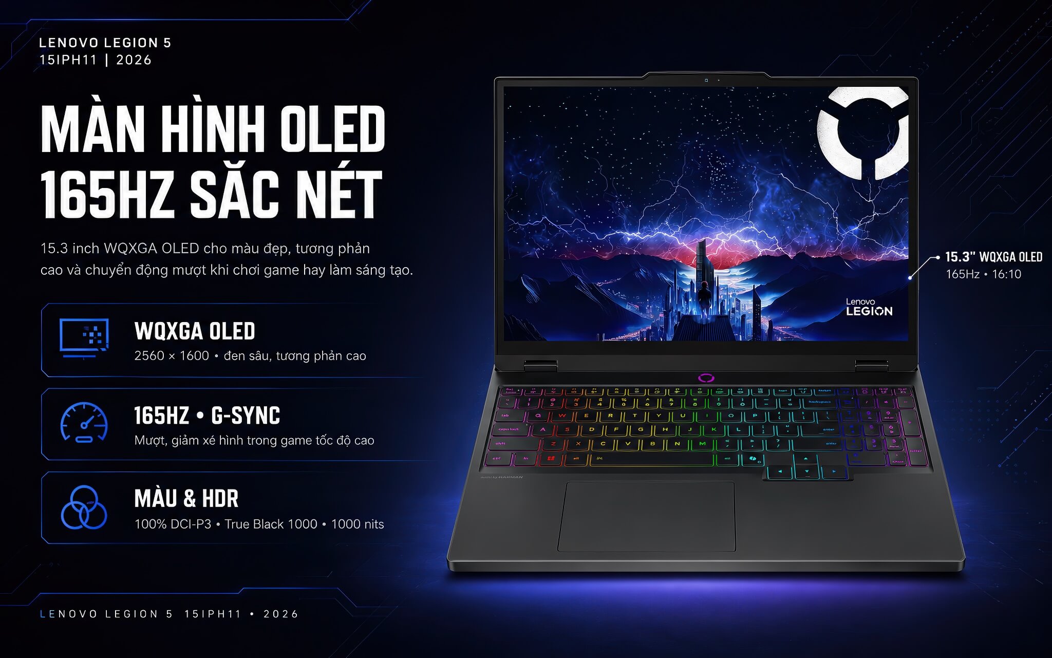 Lenovo Legion 5 15Iph11 2026 Features 03 Màn Hình 15.3 Inch Wqxga Oled 165Hz Của Lenovo Legion 5 15Iph11