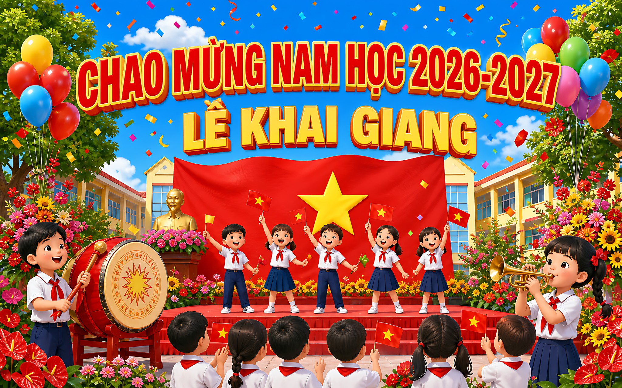 Banner Khai Giảng Năm Học Mới Trên Phông Sân Khấu Với Dòng Chữ Chào Mừng, Học Sinh, Cờ Và Bóng Bay
