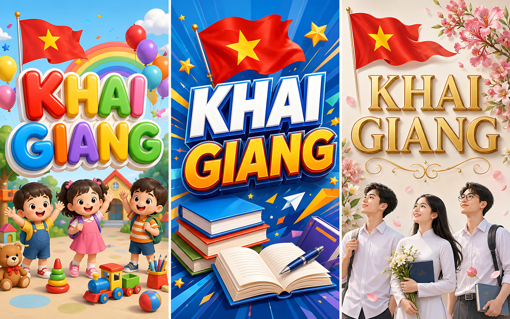 Ba Phương Án Banner Khai Giảng Theo Cấp Học Mầm Non Tiểu Học, Thcs Và Thpt Với Phong Cách Minh Họa Khác Nhau
