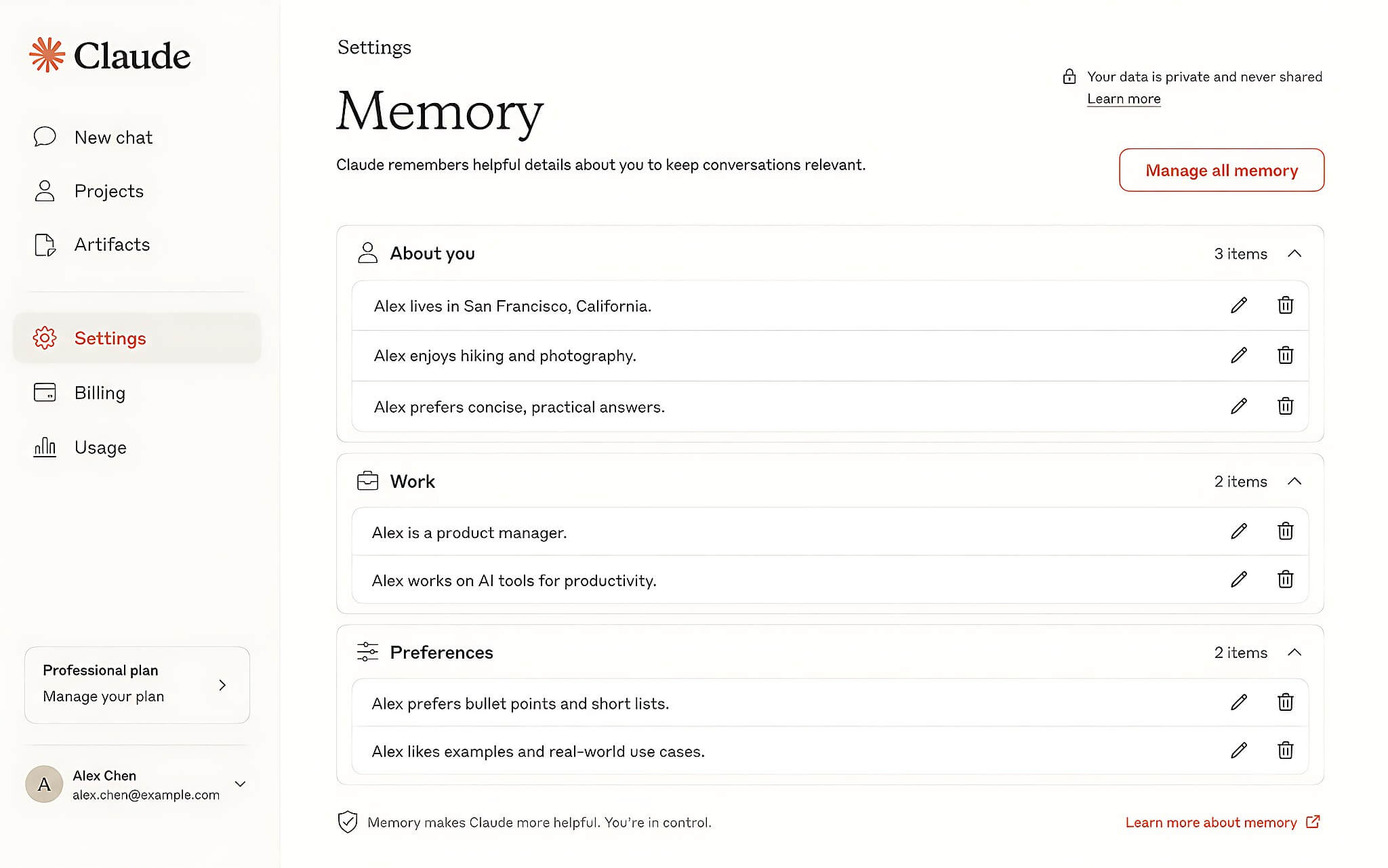 Trang Settings Memory Của Claude Sắp Xếp Thông Tin Đã Lưu Theo Từng Chủ Đề, Kèm Nút Chỉnh Sửa Và Xóa