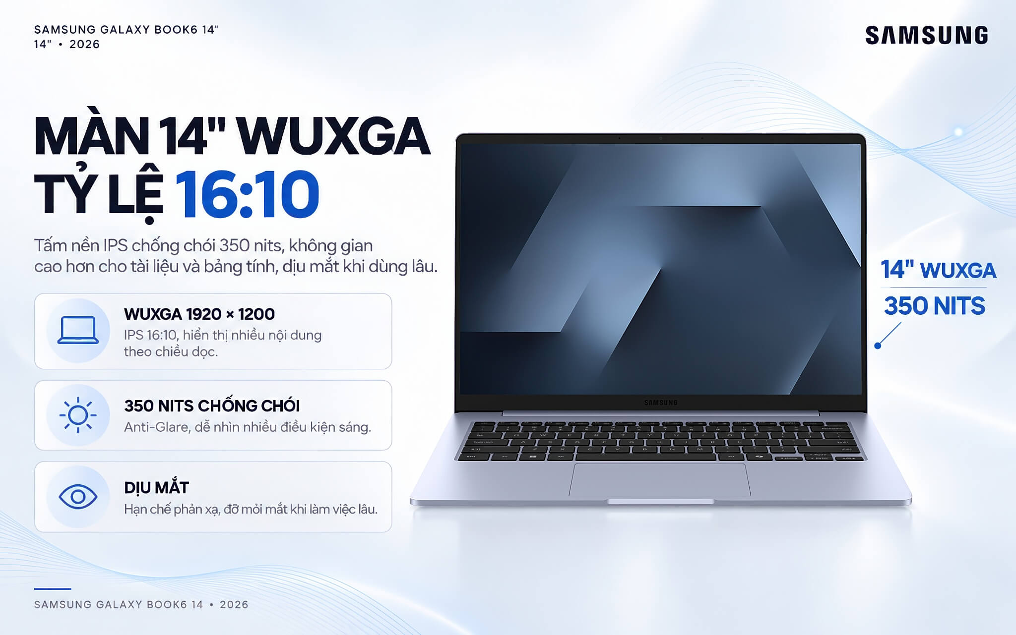 Samsung Galaxy Book6 14 Inch 2026 Features 02 Samsung Galaxy Book6 14 (2026) Với Màn Hình 14 Inch Wuxga Ips Chống Chói