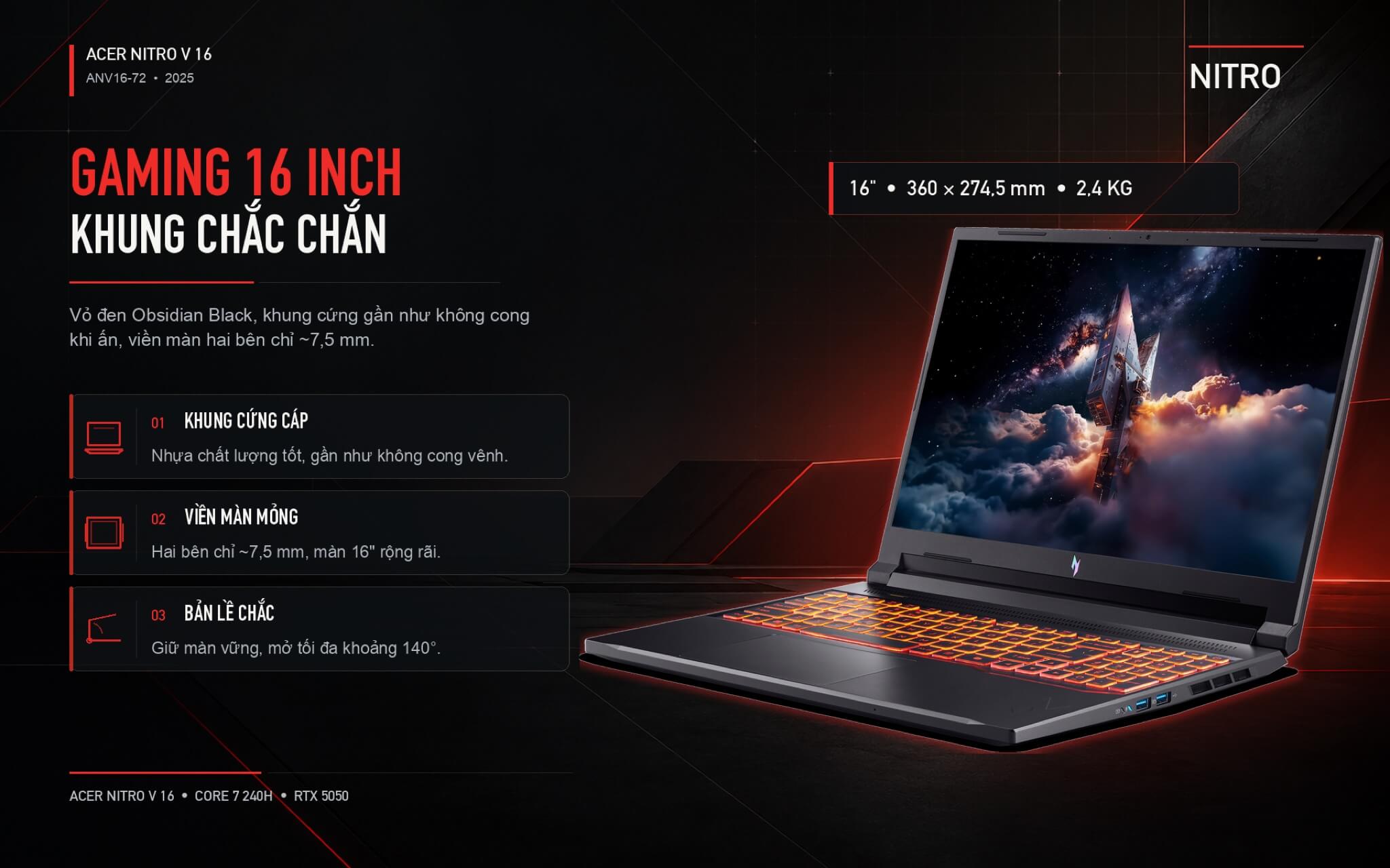 Acer Nitro V16 Gaming Laptop 2025 Features 01 Thiết kế Acer Nitro V16 (2025) với khung nhựa cứng, nặng 2,4kg