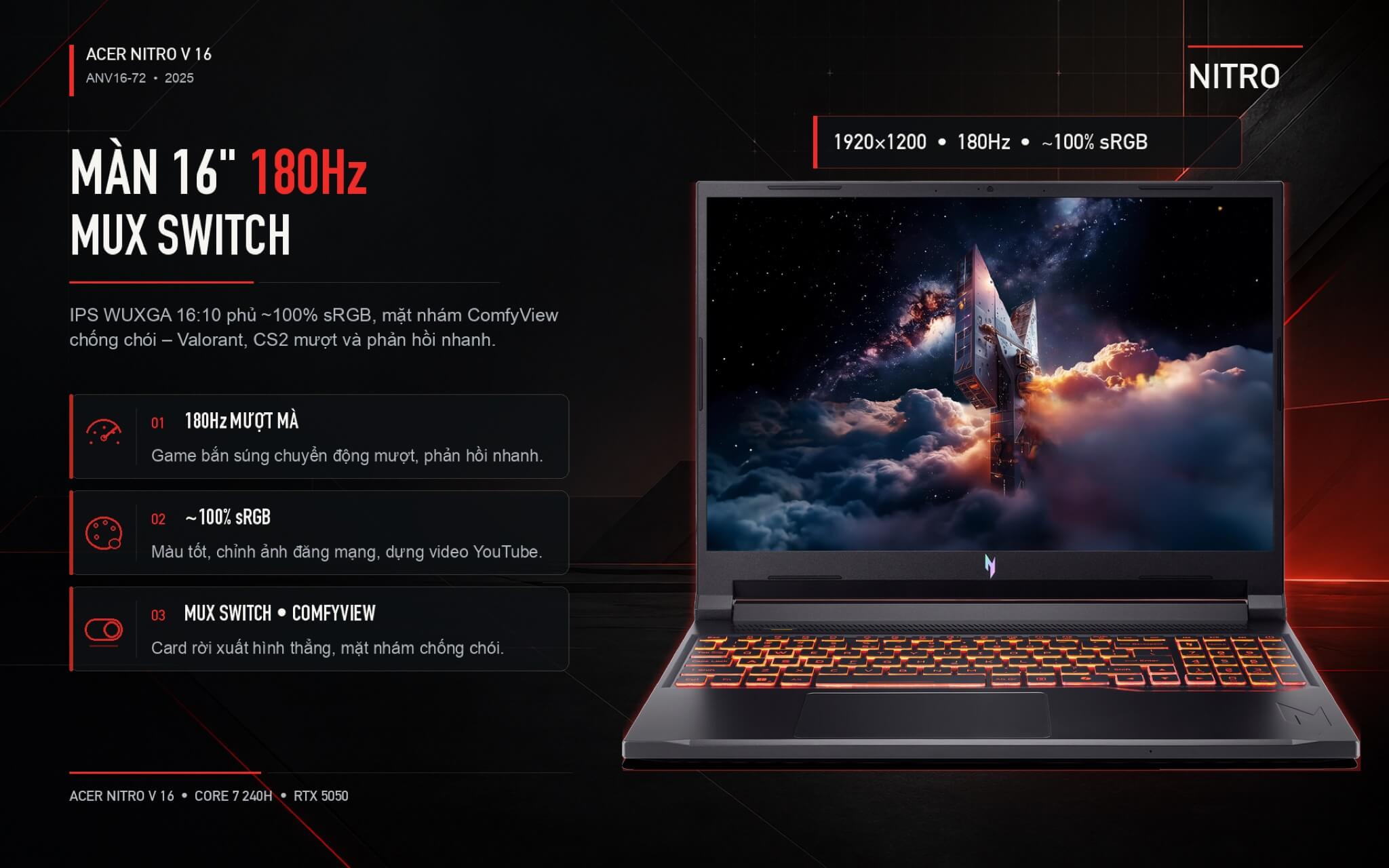 Acer Nitro V16 Gaming Laptop 2025 Features 02 Màn hình 180Hz 16:10 với MUX Switch