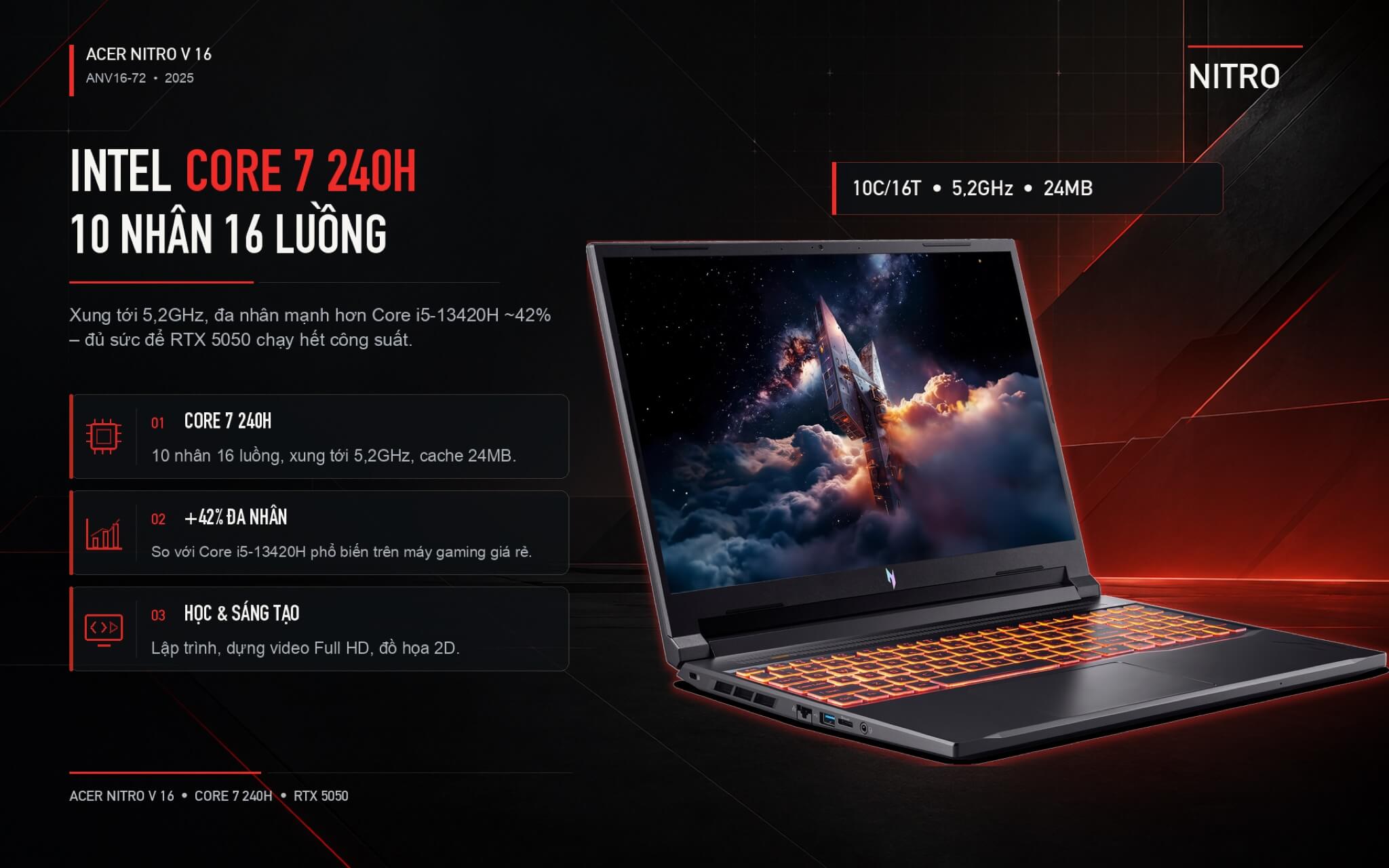 Acer Nitro V16 Gaming Laptop 2025 Features 03 Hiệu năng Nitro V16 với Intel Core 7 240H