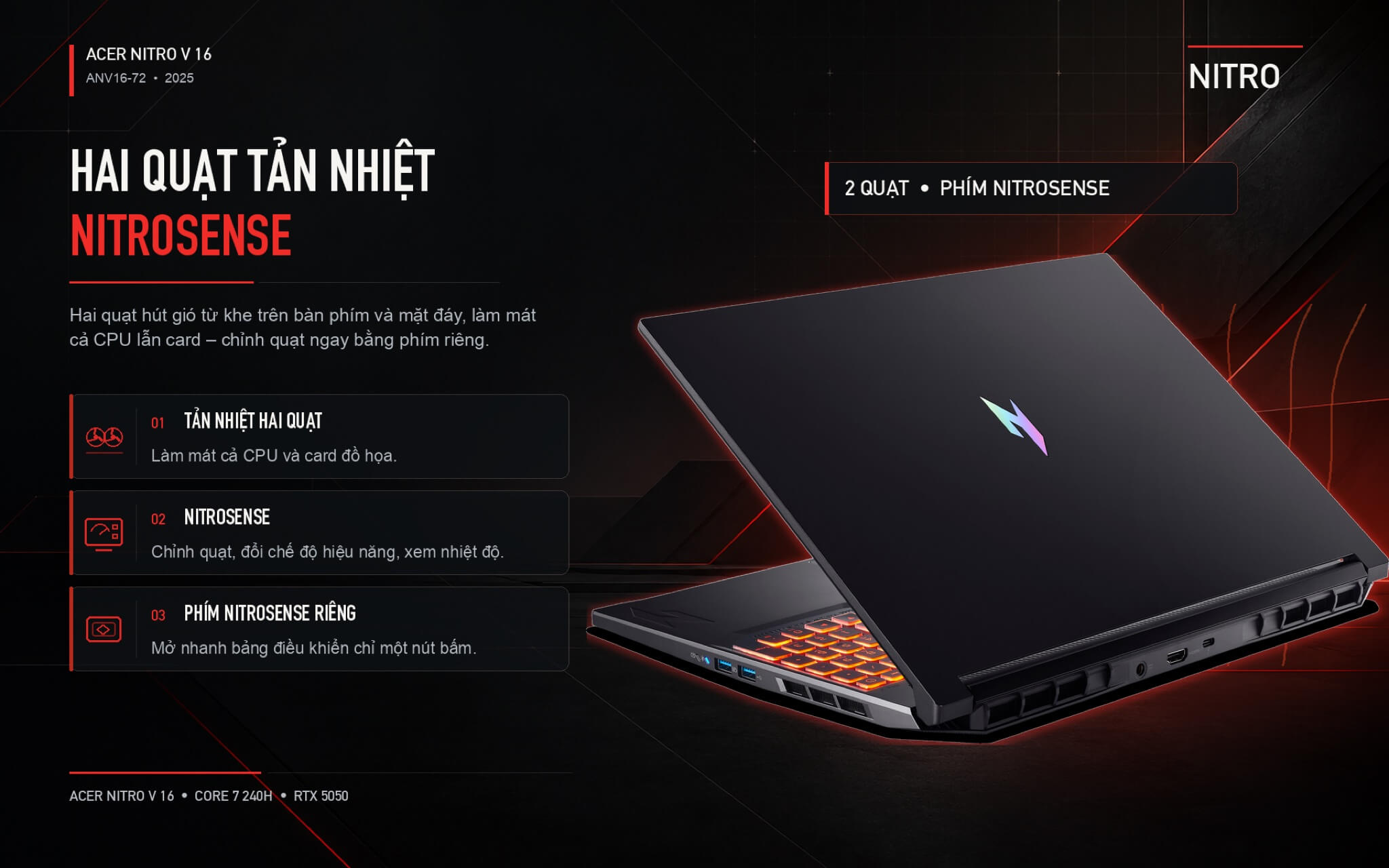Acer Nitro V16 Gaming Laptop 2025 Features 05 Tản nhiệt hai quạt với NitroSense