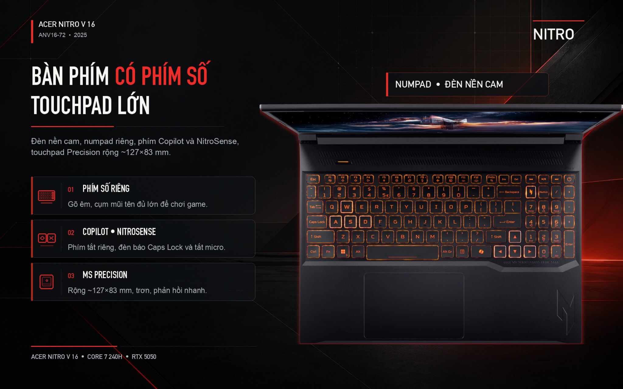 Acer Nitro V16 Gaming Laptop 2025 Features 06 Bàn phím có phím số với loa DTS:X Ultra