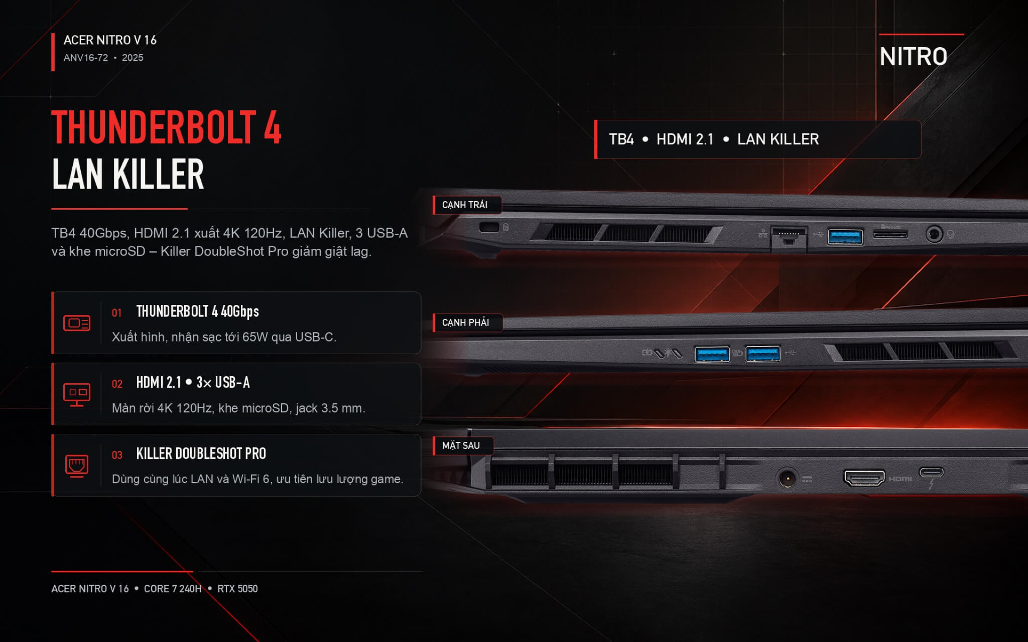 Acer Nitro V16 Gaming Laptop 2025 Features 07 Cổng kết nối Nitro V16 với Thunderbolt 4, HDMI 2.1