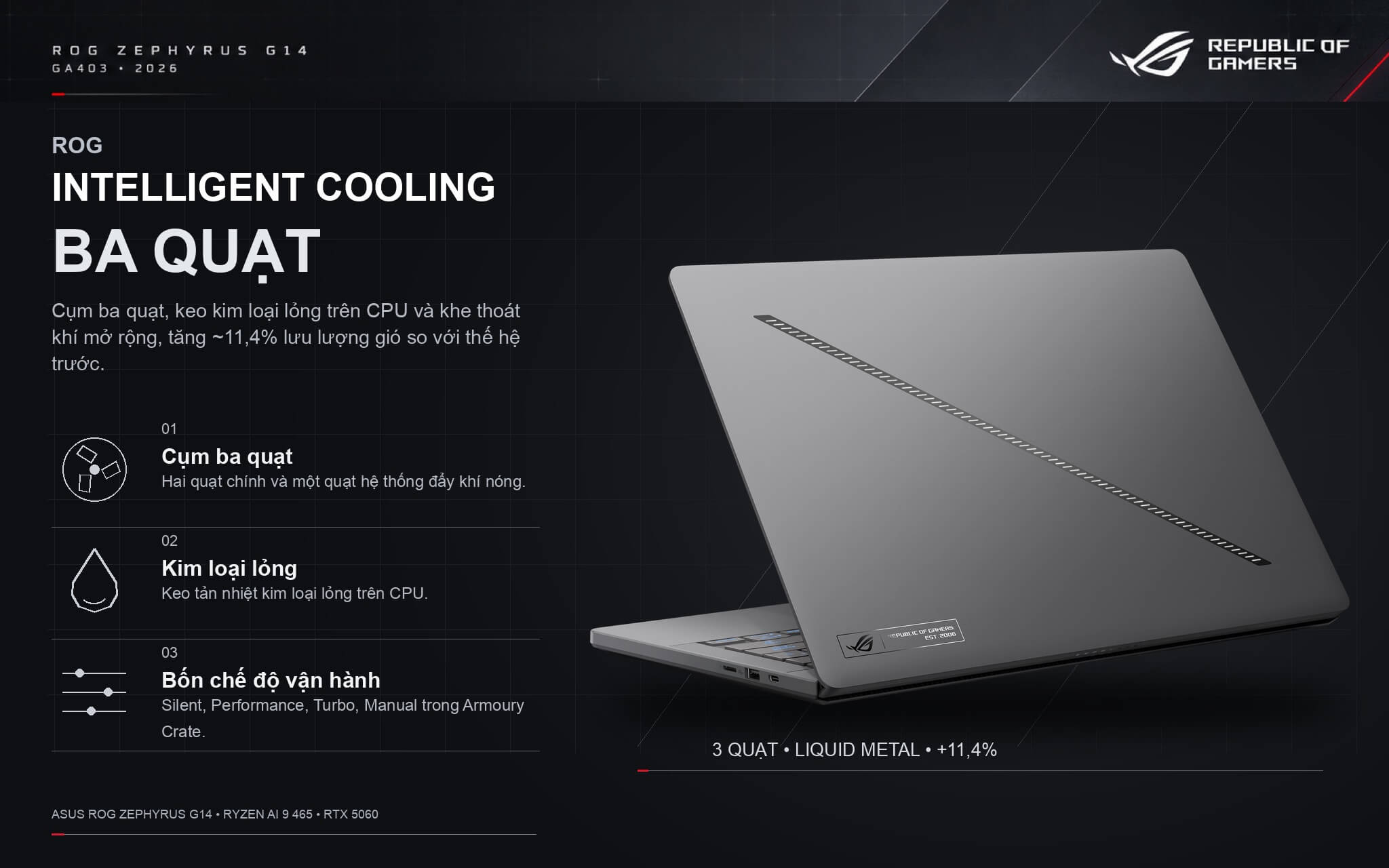 Hệ thống tản nhiệt ba quạt và keo kim loại lỏng giúp ROG Zephyrus G14 GA403 chạy mát, êm khi chơi game Hệ thống tản nhiệt ba quạt và keo kim loại lỏng giúp ROG Zephyrus G14 GA403 chạy mát, êm khi chơi game