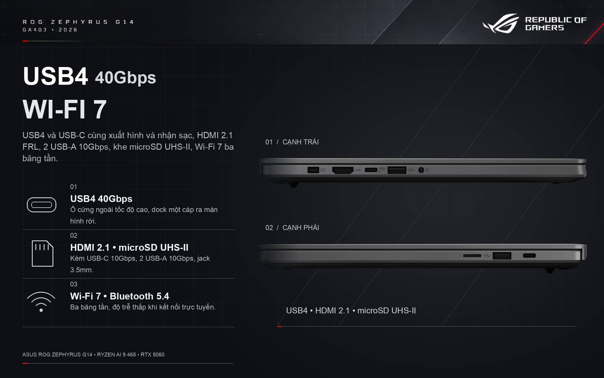 Cổng kết nối của ASUS Zephyrus G14 GA403 gồm USB4 40Gbps, USB-C, HDMI 2.1 FRL, khe microSD và Wi-Fi 7 Cổng kết nối của ASUS Zephyrus G14 GA403 gồm USB4 40Gbps, USB-C, HDMI 2.1 FRL, khe microSD và Wi-Fi 7