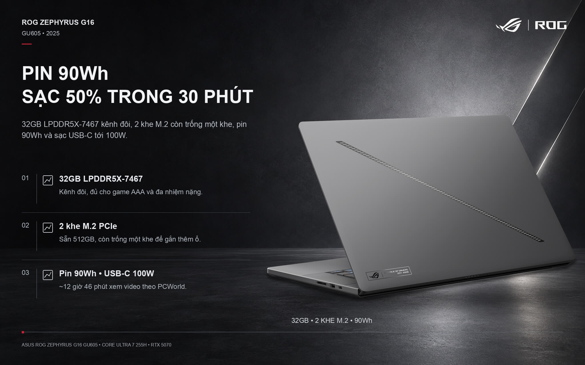 ROG Zephyrus G16 GU605 features 32GB LPDDR5X RAM, dual M.2 SSD slots, and a 90Wh battery with fast charging to 50% in 30 minutes ROG Zephyrus G16 GU605 features 32GB LPDDR5X RAM, dual M.2 SSD slots, and a 90Wh battery with fast charging to 50% in 30 minutes