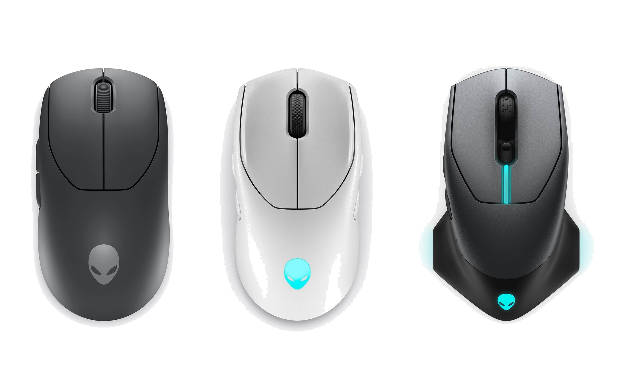 Ba mẫu chuột không dây Alienware Pro Wireless, 720M và 610M nhìn từ trên xuống
