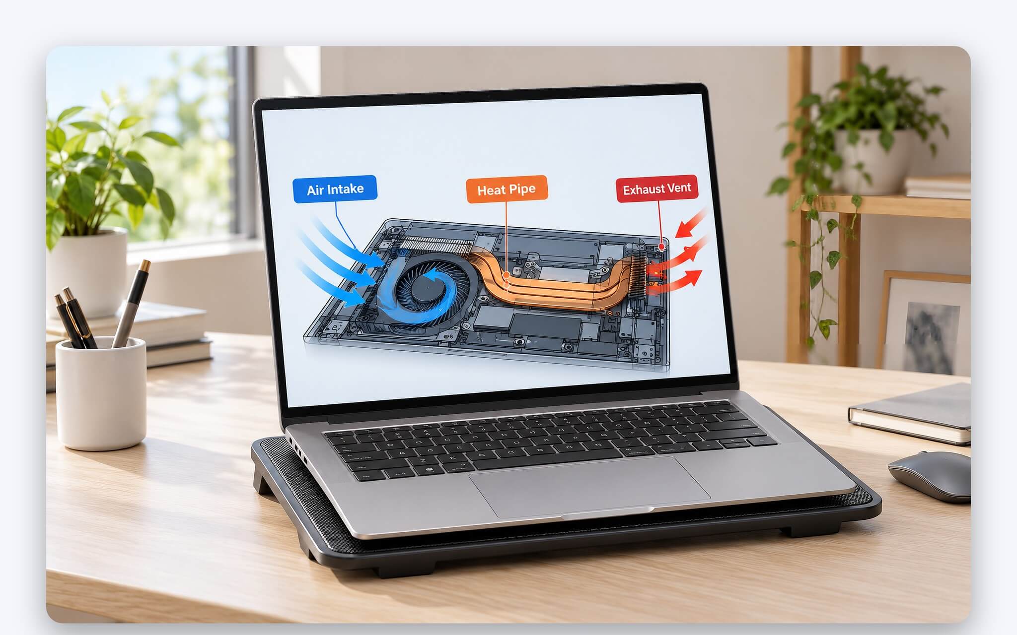 Đế làm mát laptop đặt dưới thân máy, quạt đưa luồng gió vào khe hút ở đáy