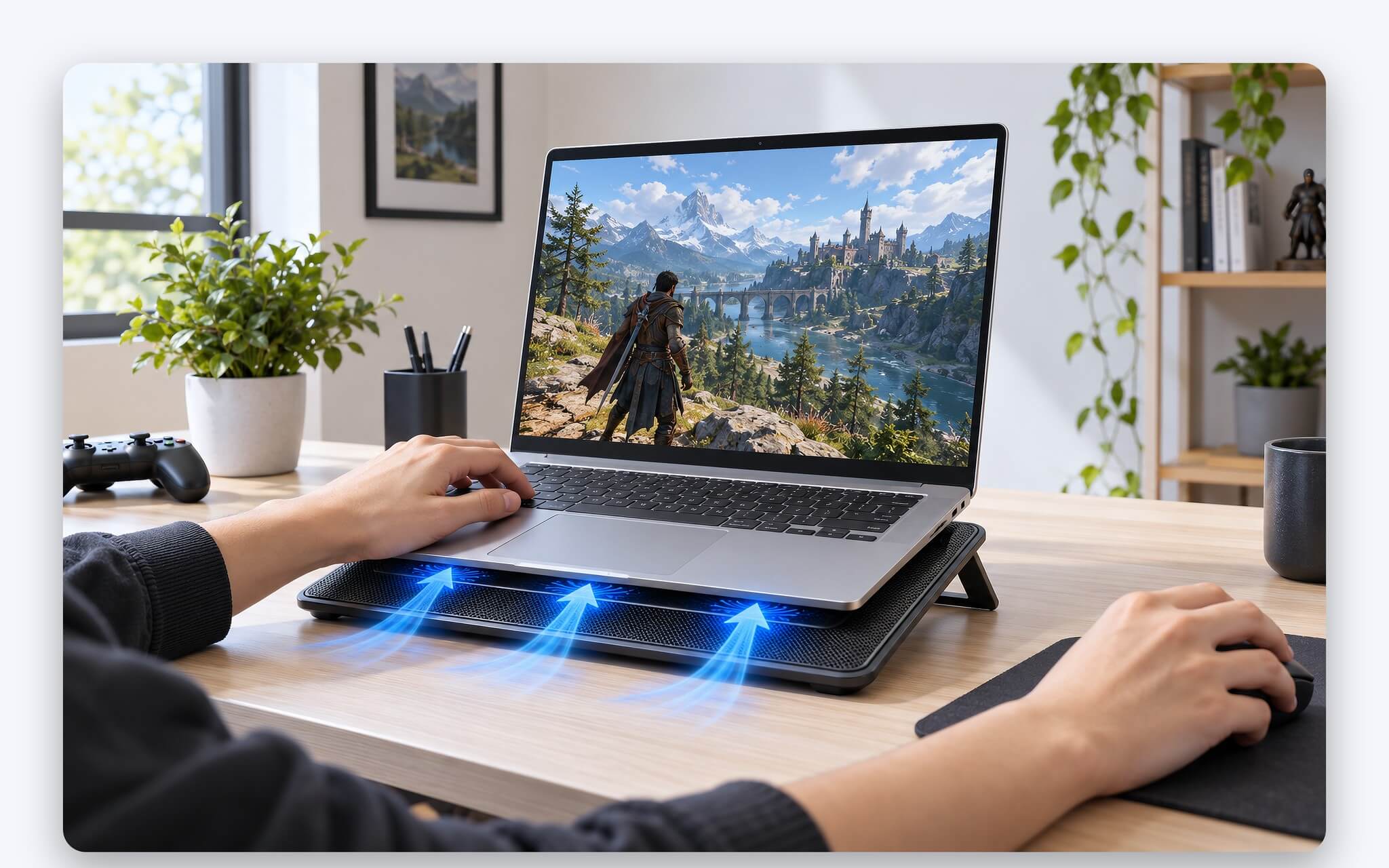 Laptop chơi game đặt trên đế làm mát laptop khi chạy tải nặng nhiều giờ