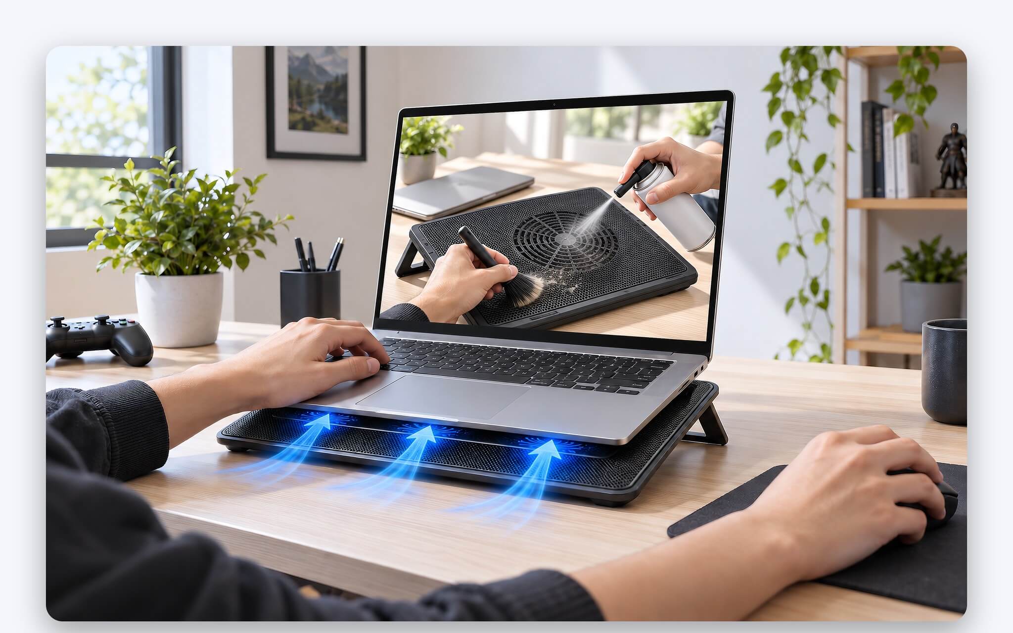 Vệ sinh lưới và cánh quạt của đế làm mát laptop để tránh thổi bụi vào máy