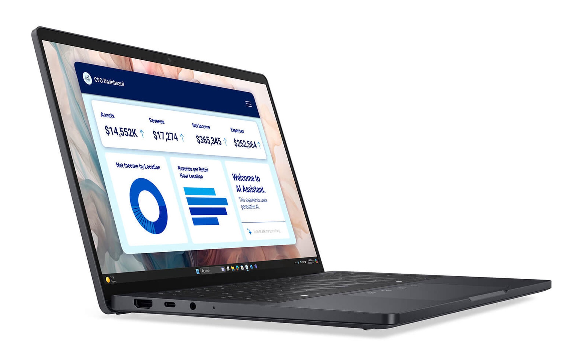 Dell Pro 13 Premium PA13250 nhìn nghiêng thấy cổng HDMI, USB-C và jack tai nghe ở cạnh trái