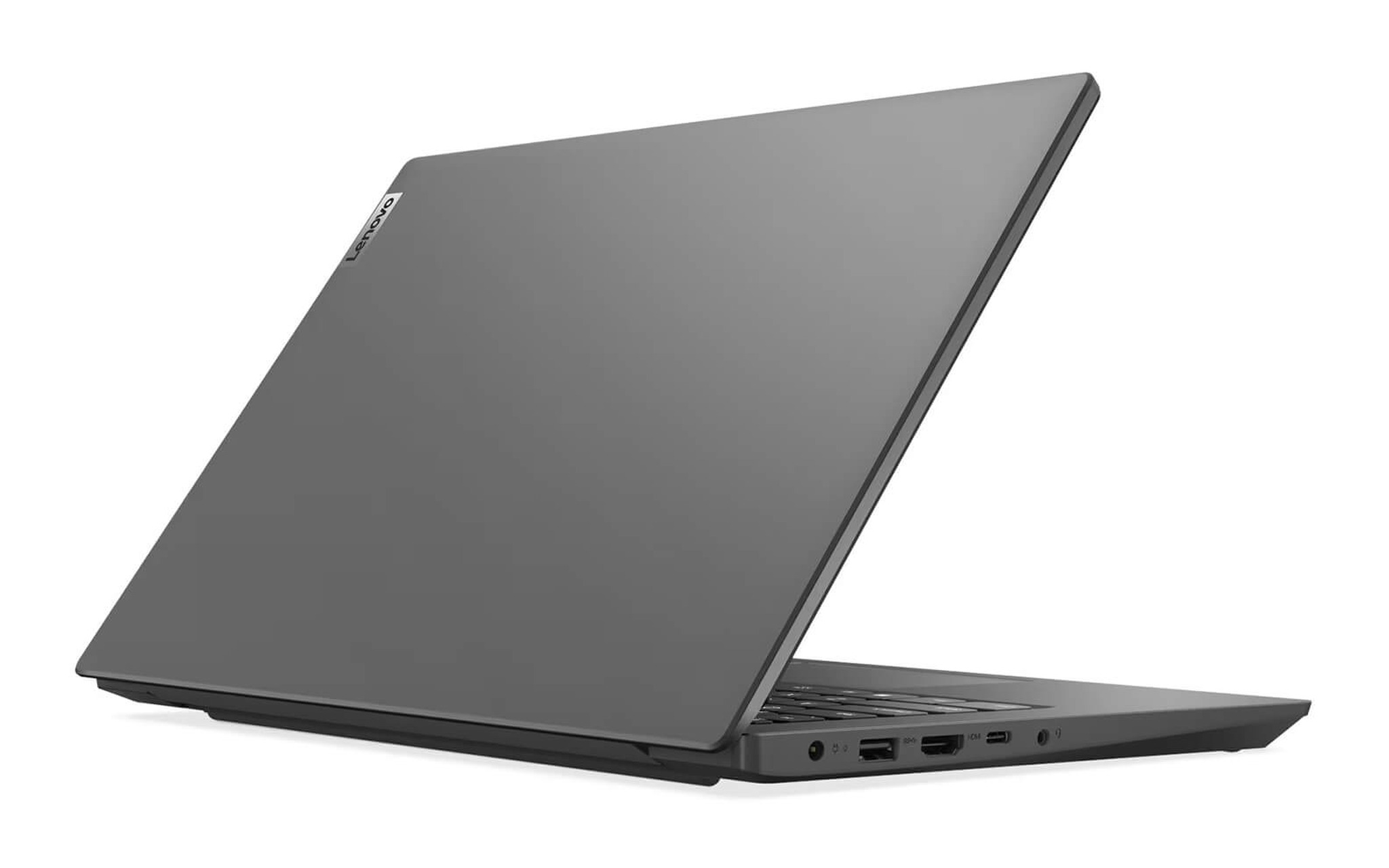 laptop hoc tap dung tron bon nam dai hoc v14 gen 4 Lenovo V14 Gen 4 (2025) nhìn từ mặt lưng vỏ xám, mẫu laptop 14 inch nặng từ 1,43 kg