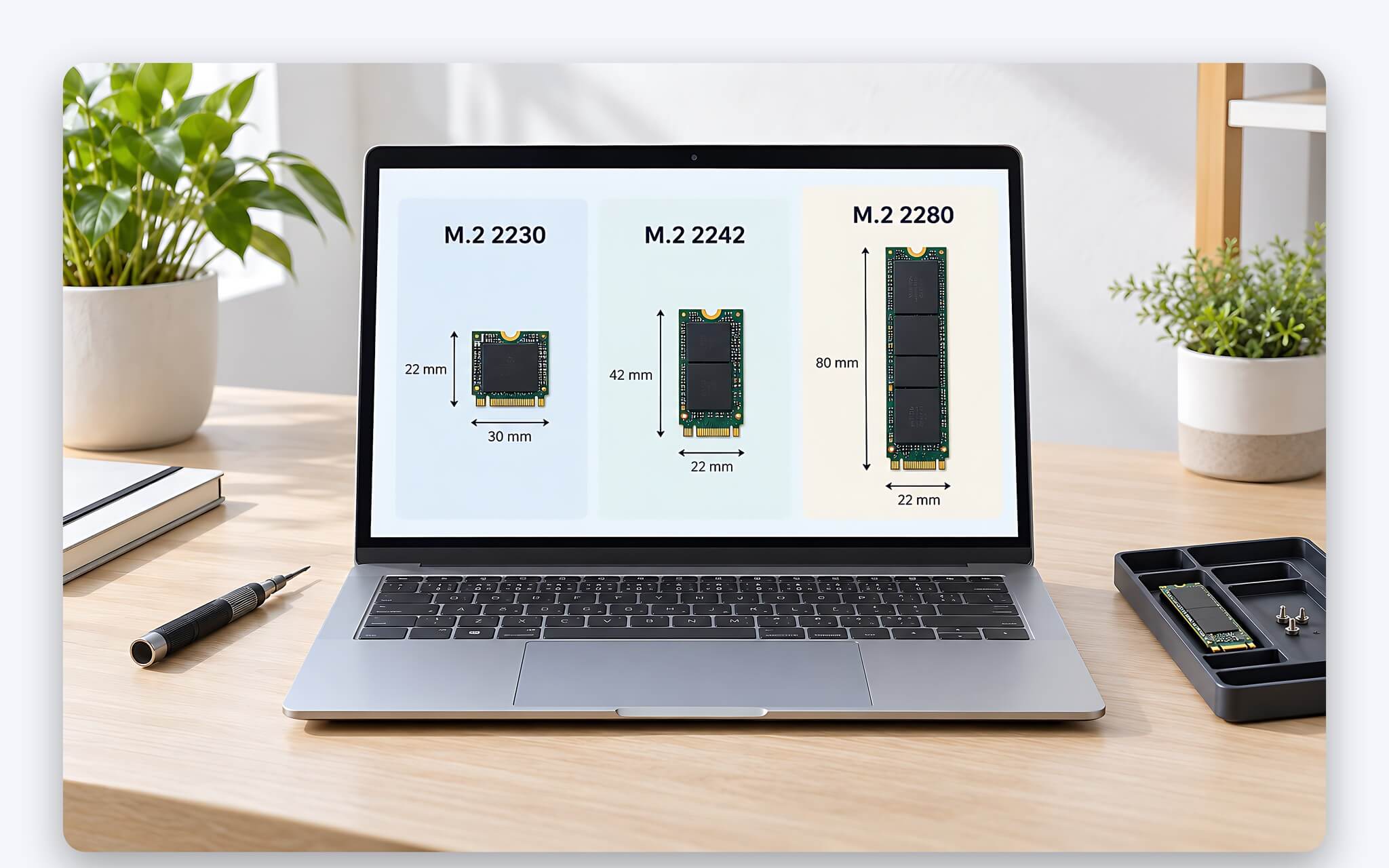 Thanh SSD M.2 2230, 2242 và 2280 đặt cạnh nhau để so chiều dài theo chuẩn M.2