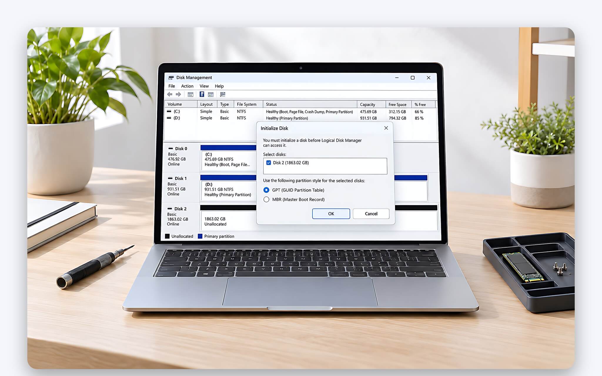 Khởi tạo SSD M.2 2230 mới trong Disk Management khi laptop không nhận ổ