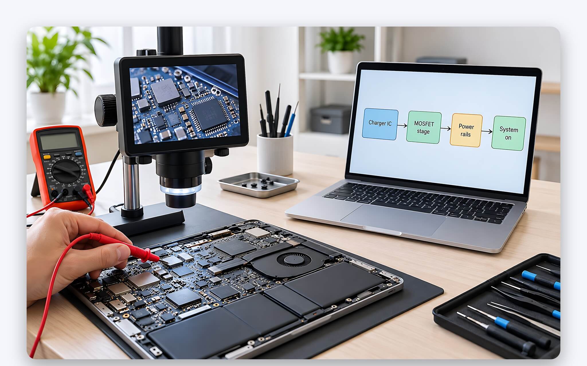 Kỹ thuật viên kiểm tra mạch nguồn và chip trên bo mạch khi sửa mainboard laptop