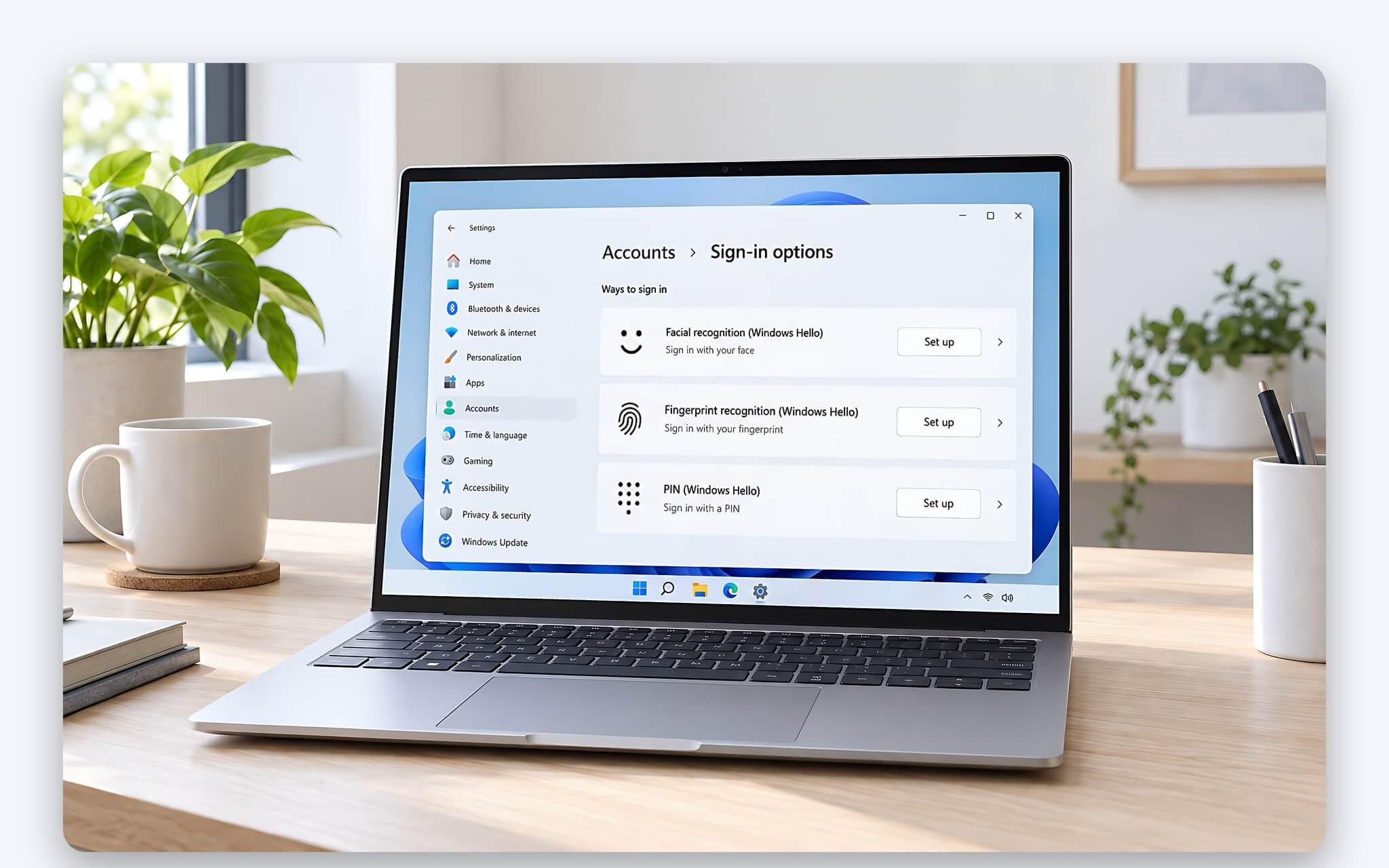 Màn hình khoá laptop hiển thị Windows Hello với ba lựa chọn khuôn mặt, vân tay và mã PIN