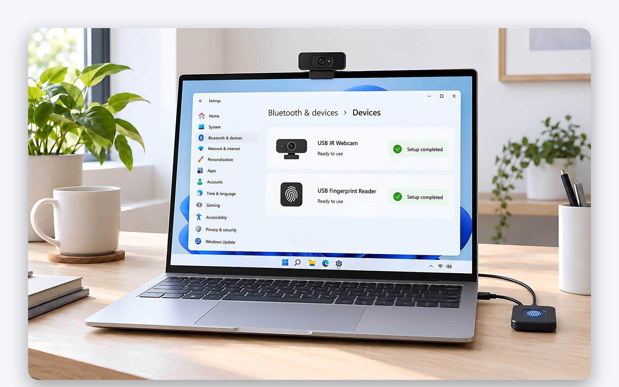 Laptop đặt cạnh webcam rời và đầu đọc vân tay USB hỗ trợ Windows Hello